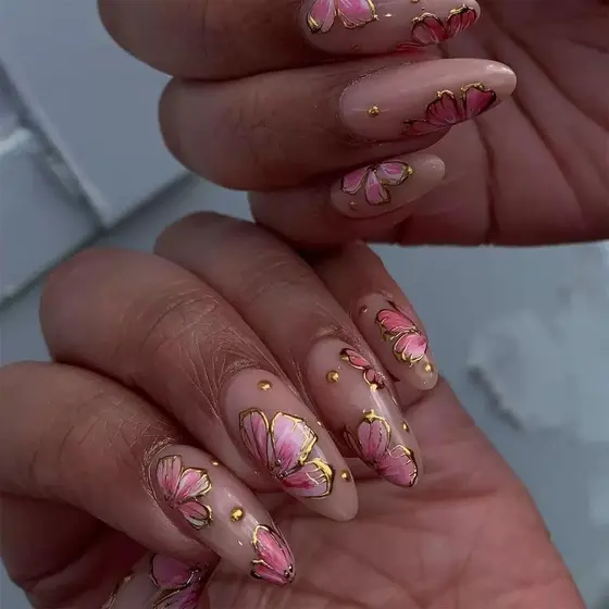 Unhas Postiças Médias em Formato de Amêndoa com Design de Flores e Borda Dourada, Unhas Falsas com Cola, Unhas Acrílicas