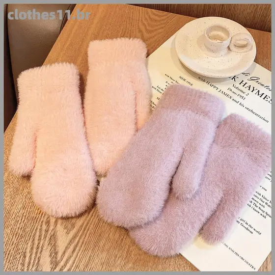 CLOT Mulheres Inverno Manter Quente Pelúcia Cor Sólida Macio Dedos Completos Mittens Meninas Luvas Fofas De Malha Grossa