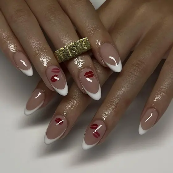 Unhas Postiças de Amêndoa Médias Brancas com Lábios Vermelhos, Unhas Acrílicas de Cobertura Total, Unhas Brilhantes com