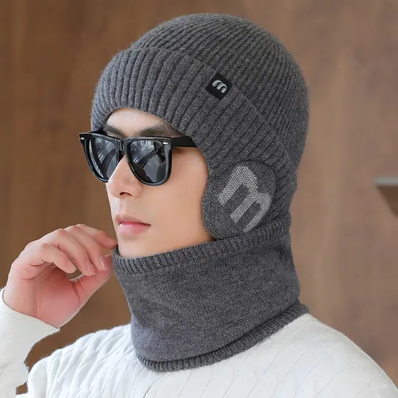 W inverno masculino forro de lã chapéu protetor de pescoço engrossado quente malha chapéu de lã idoso de meia-idade