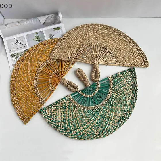 [ZDS] Ventilador De Palha Tecido À Mão Decorativo Artesanal Semicircular Resfriamento De Verão Portátil Presente Decoraç