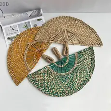 [ZDS] Ventilador De Palha Tecido À Mão Decorativo Artesanal Semicircular Resfriamento De Verão Portátil Presente Decoraç