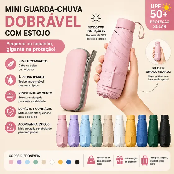 Mini Guarda-Chuva De Bolso Com Proteção UV UPF50 + Compacto Dobrável Para Sol E Viagens