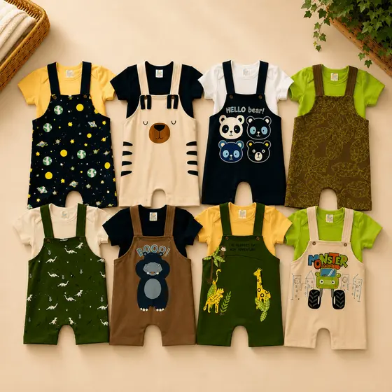 Kit 8 conjuntos sortidos bebê menino masculino body jardineira algodão roupa infantil verão estampado confortável