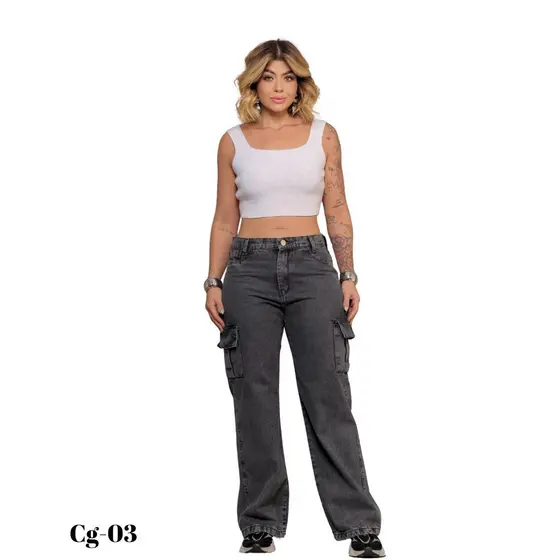 Calça Cargo Jeans Feminina Sem Elastano Cintura Alta Estilo Blogueira Conforto e Tendência 34 ao 44