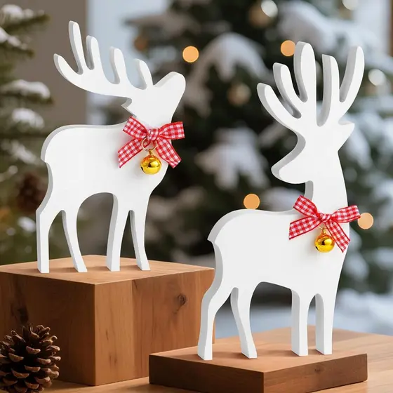 2 Peças de Decoração de Natal em Madeira com Tema de Rena – Decoração para Lareira de Natal, Decorações para Estante de