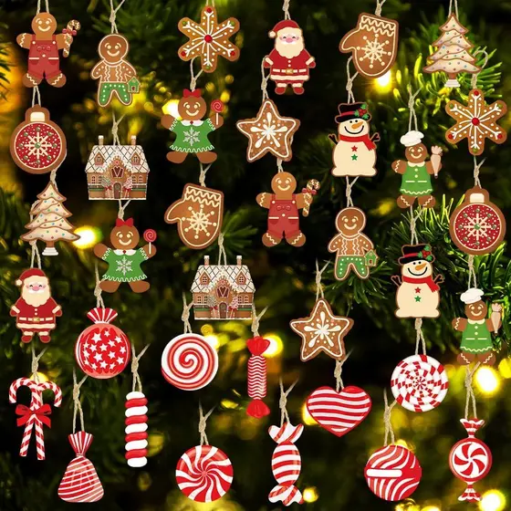 36PCS Christmas Ornaments Set, Santa Claus Gingerbread Snowman Candy Cane Hanging Decorations for Xmas Tree, Holiday Par
