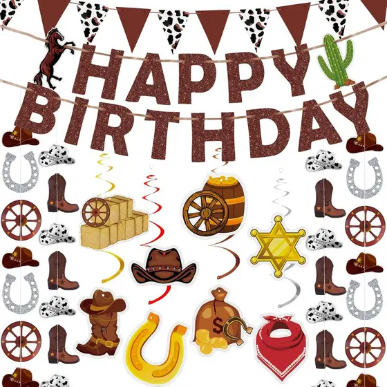 Conjunto de 23 Peças de Decorações para Festa Western - Faixa de Aniversário de Cowboy, Espirais Suspensas, Serpentinas