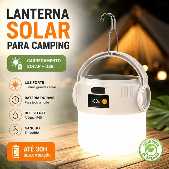 10W 4-6H Lanterna Solar para Camping Recarregável USB-C 4 Modos com Display de Bateria e Gancho Portátil