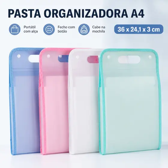 Pasta Organizadora A4 Portátil com Alça e Botões para Documentos Escolar Escritório 36x24,1x3cm