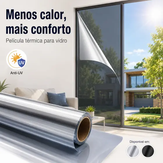 Película Térmica para Vidro Janela Anti-UV Controle de Calor Privacidade Sem Cola 50cm Prata ou Preta
