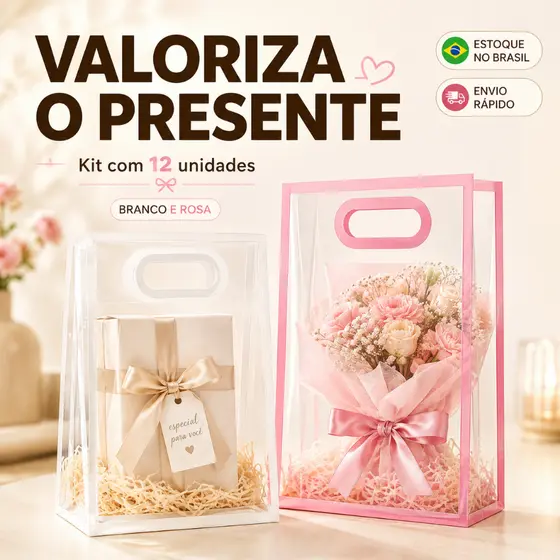 Kit 12 Sacolas Transparentes para Presente com Alça P/G Lembrancinha Festa Aniversário Casamento