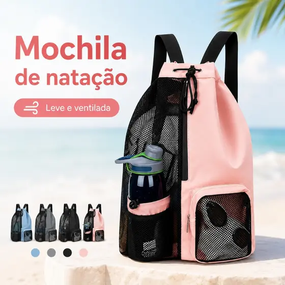 Mochila de Natação com Tela Respirável e Bolso com Zíper para Piscina Praia Academia