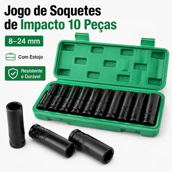Jogo de Soquetes de Impacto Longos 1/2 Pol 10 Peças 8 a 24 mm com Maleta