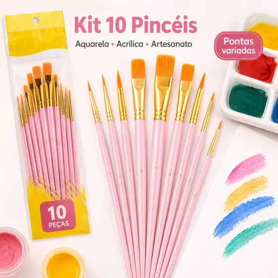 Kit 10 Pincéis para Pintura Artística com Cerdas de Nylon para Aquarela, Acrílica e Artesanato