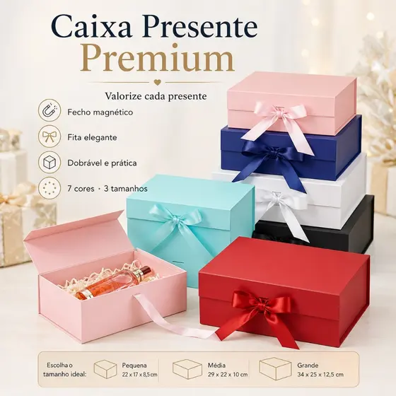 Caixa de Presente Dobrável Magnética com Laço de Cetim – 3 Tamanhos
