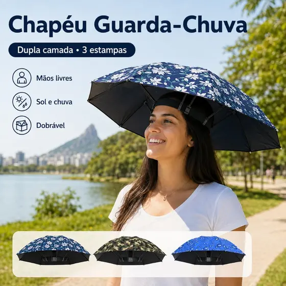 Chapéu Guarda-Chuva de Cabeça 77cm Dupla Camada Impermeável Mãos Livres para Pesca Camping Sol e Chuva