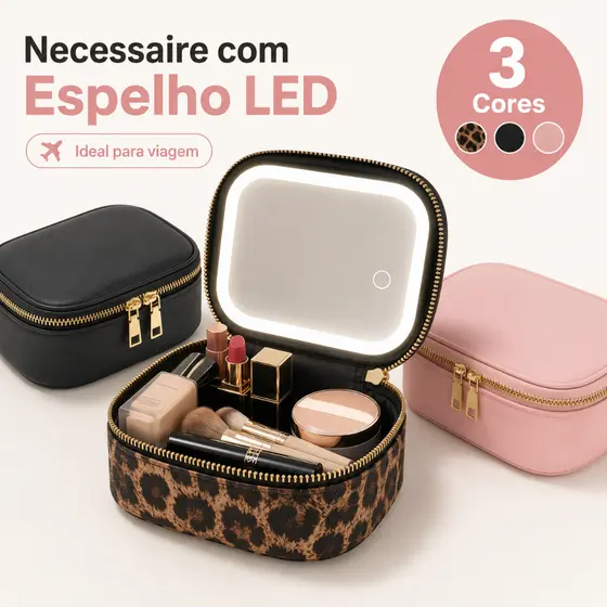 Necessaire Feminina com Espelho LED 3 Tons de Luz Recarregável Porta Maquiagem para Viagem