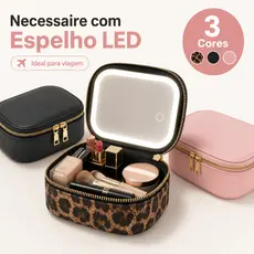 Necessaire Feminina com Espelho LED 3 Tons de Luz Recarregável  Porta Maquiagem para Viagem
