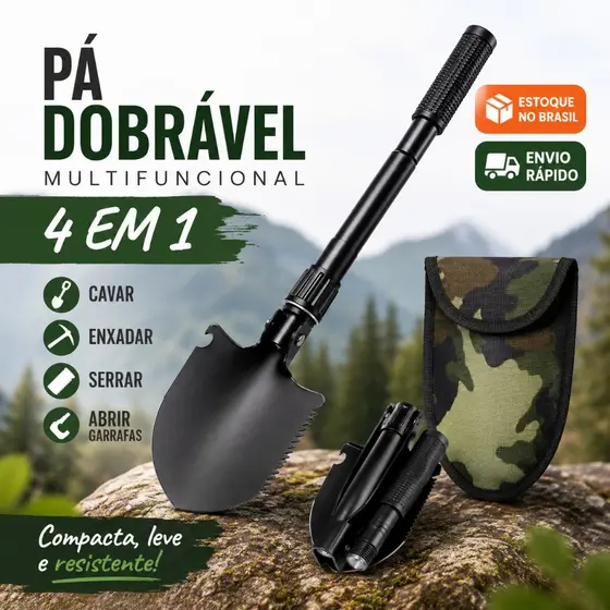 Pá Portátil Dobrável de Emergência Multi-função para Camping Trilha com Picareta Serra Bússola e Estojo