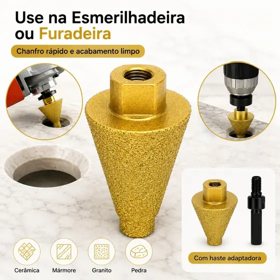 Broca Chanfradora Diamantada M10/M14 38/50mm para Mármore Granito Porcelanato Cerâmica + Haste Adaptadora