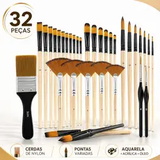 Kit 32 Pincéis para Pintura Artística Cerdas de Nylon Cabo de Madeira Aquarela Acrílica Óleo Guache Artesanato