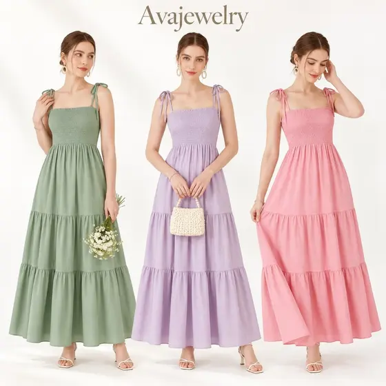 Vestido Longo Feminino com Alças de Amarrar Decote Quadrado Busto Franzido Saia em Camadas Verão Praia