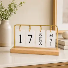 Calendário de Mesa Permanente com Plaquinhas Decorativo Luxo em Madeira  Dourado Preto para Escritório Casa