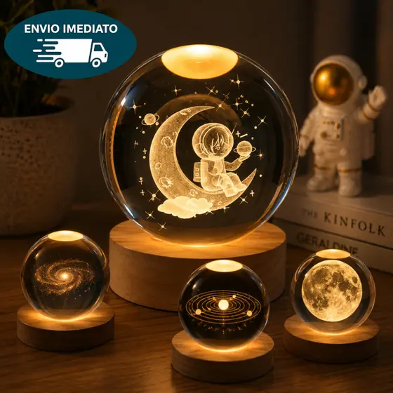 Luminária de Mesa Bola de Cristal Astronauta Sistema Solar Lua Galáxia 3D LED para Decoração Quarto