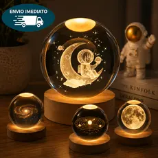 Luminária de Mesa Bola de Cristal Astronauta  Sistema Solar Lua Galáxia 3D LED para Decoração Quarto