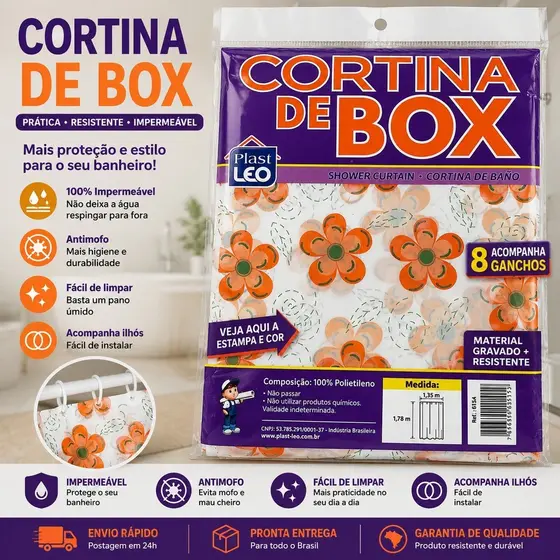 Cortina Para Box Banheiro Impermeável Antimofo  8 Ganchos