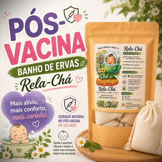PÓS-VACINA DO BEBÊ? Rela-Chá – Banho de Ervas para Relaxamento e Conforto do Bebê | 3 Sachês – Rende até 18 Banhos