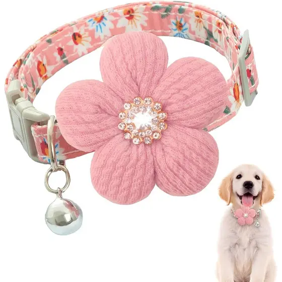 Coleira para Cachorro Filhote, Coleiras Ajustáveis com Flor e Sino para Cães Pequenos e Médios, Coleira para Cachorros F