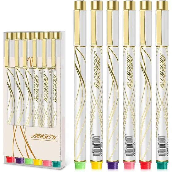 Canetas Coloridas em Pacote de 6, Canetas com Suporte Dourado Elegante, Canetas Gel Coloridas, Micro-Caneta Colorida à P