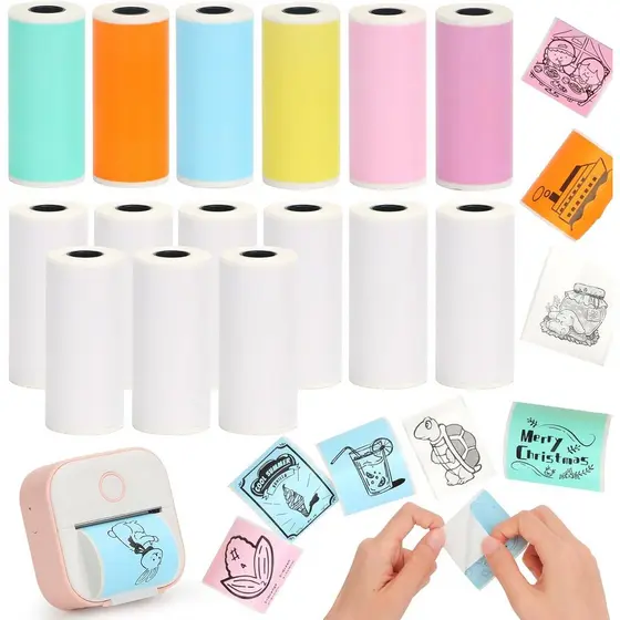 15 Rolos de Papel Adesivo Térmico Mini, 53 * 28mm, Papel de Impressão Colorido Sem Tinta Autoadesivo Compatível com Impr