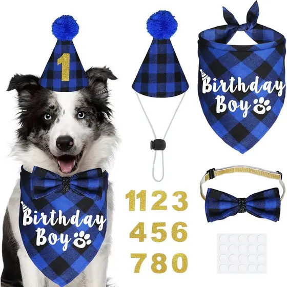Suprimentos para Festa de Aniversário de Cães, Chapéu de Aniversário para Cães com Estampa Xadrez e Números, Bandana, Gr