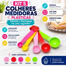 Jogo de 5 Colheres Medidoras de Receitas para Bolo Cozinha Confeitaria Multicolorida Diversos Tamanho