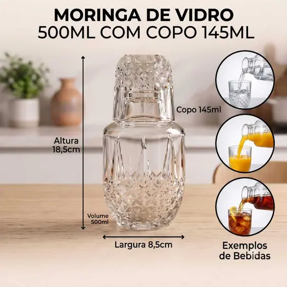 Moringa de vidro 500ml Com copo 145ml Jarra Água Suco Destilados DESIGNER ALEATÓRIOS