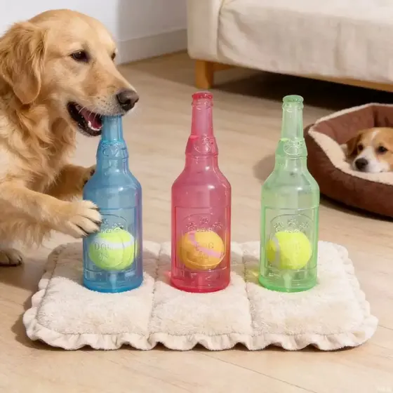 Brinquedo Mordedor para Cachorro Garrafa com Bola de Tênis TPR Resistente Limpeza Dental Interativo