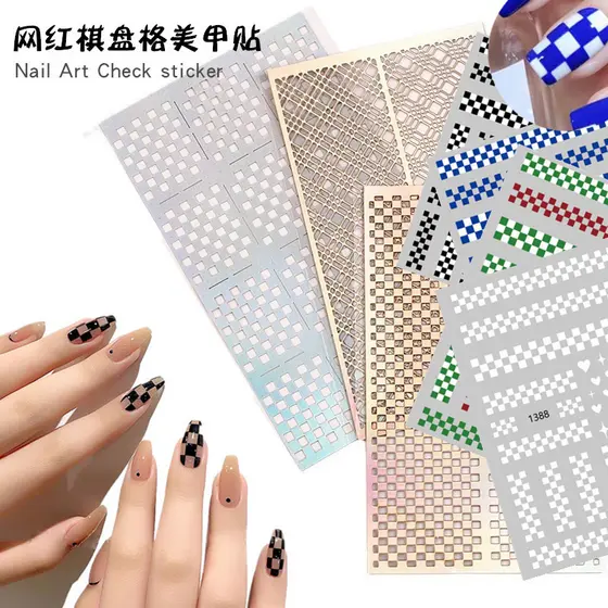 Acessórios para unhas com padrão xadrez azul Klein, adesivos em formato de diamante, decalques de unhas com listras vaza