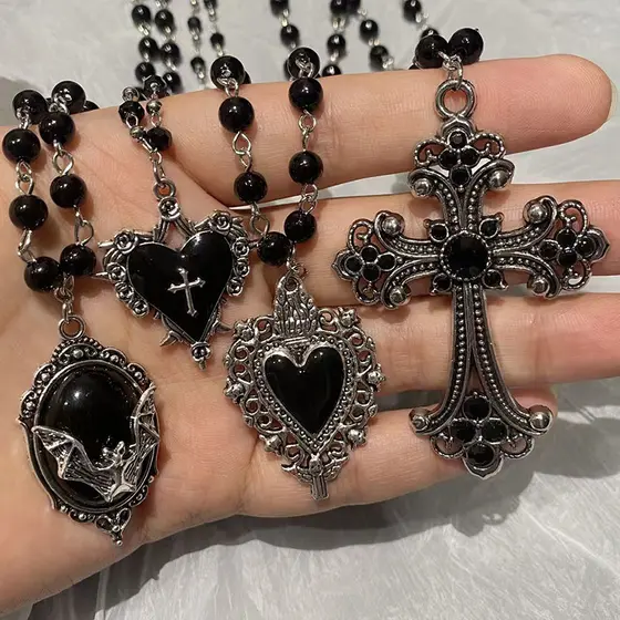 Y2K Gothic Fashion Thorn Love Heart Bat Cross Pendant Bead Chain Necklaces Jewelry