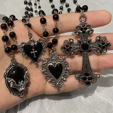 Y2K Gothic Fashion Thorn Love Heart Bat Cross Pendant Bead Chain Necklaces Jewelry