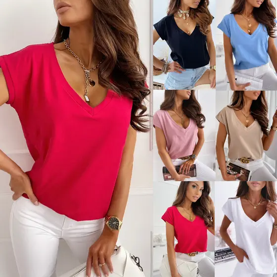 Camiseta Simples de Manga Curta com Decote em V em Cor Sólida para Mulheres, Primavera/Verão 2026