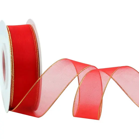 Fita de Organza Vermelha de 1 Polegada, Fita com Arame para Artesanato com Borda Dourada, Fita Ondulada para Embalagem d