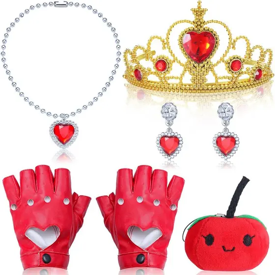 Conjunto de Joias com Coroa e Colar em Forma de Coração Vermelho, 5 Peças, Tiaras Douradas com Recorte de Coração, Luvas