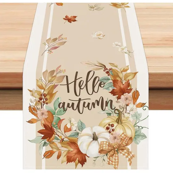 Caminho de Mesa de Abóbora de Outono Bonhause 13x72 Polegadas, Decoração de Mesa de Cozinha e Jantar com Guirlanda Flora