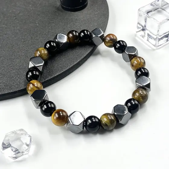 [Estoque pronto] Pulseira de pedra Natural de pedra biliar preta obsidiana olho de tigre estilo pronto estoque WJG
