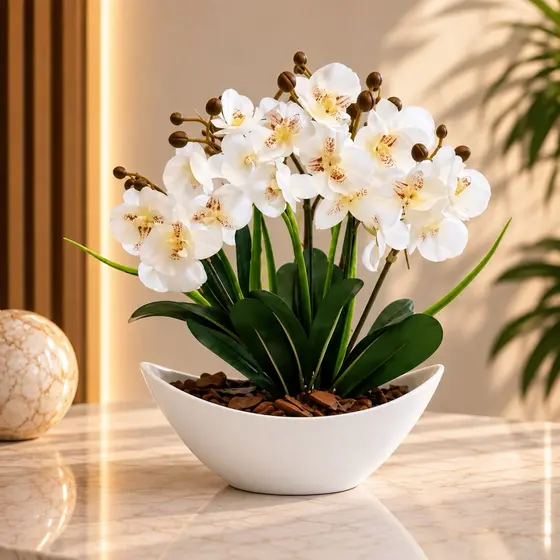 Arranjo de Orquídea Artificial Planta Decorativa Vaso e Casca Polida