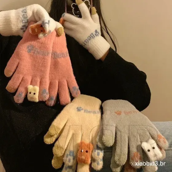 Luvas De Dedo Inteiro – Macias , De Pelúcia Para O Inverno Ao Ar Livre , Acessórios Manter Calor Urso Fofas À Prova De V
