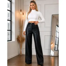 Calça Feminina Pantalona Premium Couro Fake Cintura Alta Wide Leg com Bolso Preta